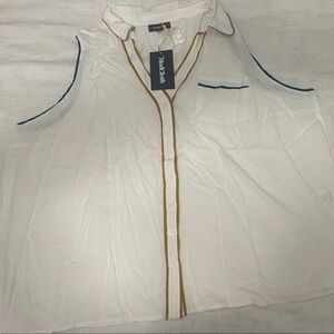 Women’s Modcloth White Sleeveless Blouse with Gold, Blue, and Purple Trim NWT